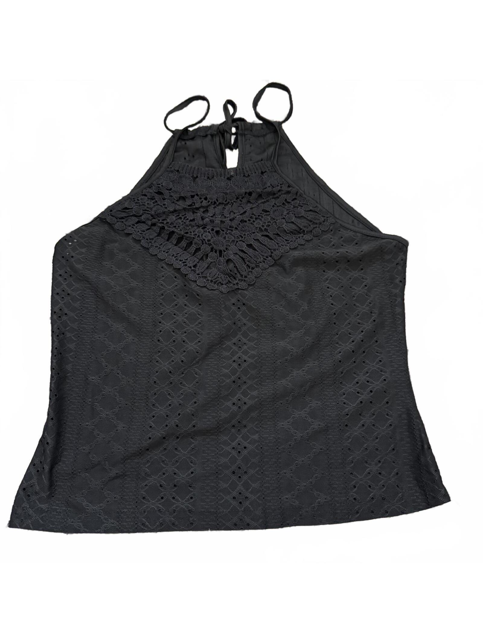 Black Eyelet Lace High Neck Tie Back Tank Top Size Medium